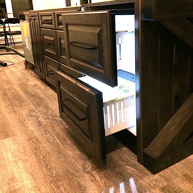 under cabinet island fridge with maple drawer fronts