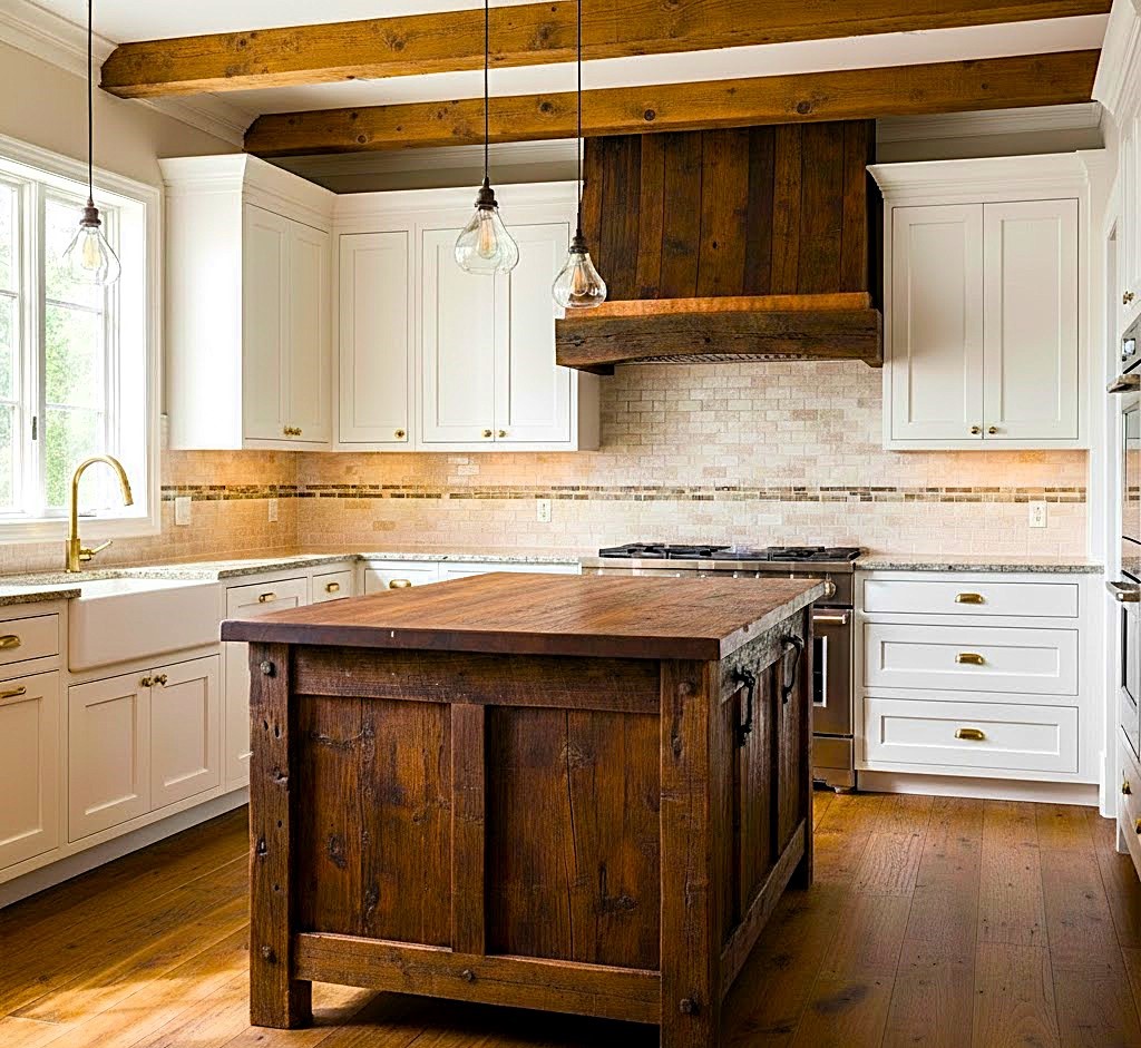 rustic kitchen island and range hood with white cabinets by cedar lane custom kitchens
