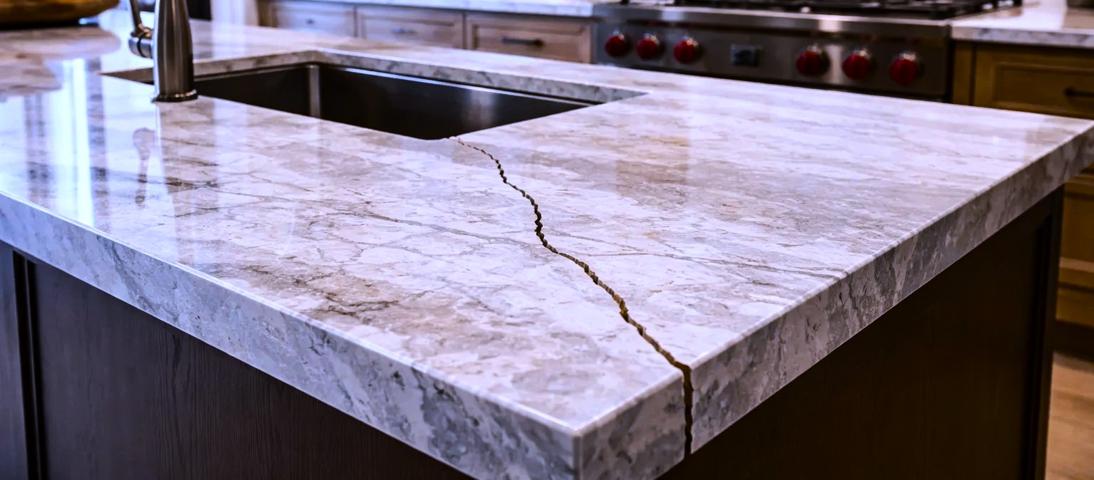 Problems with cracked stone countertop, cedar lane custom kitchens 