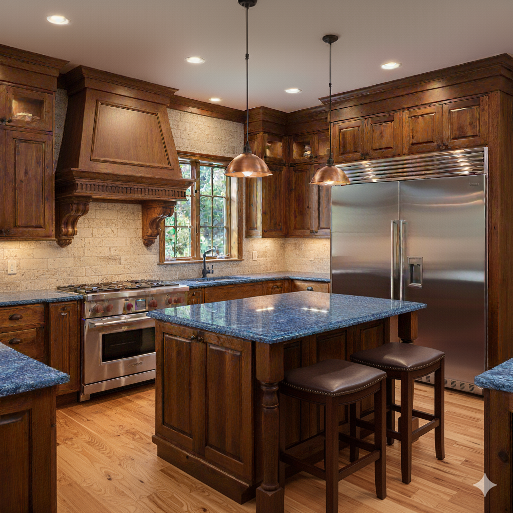 traditional classic kitchen featuring a blue granite countertop by cedar lane custom kitchens
