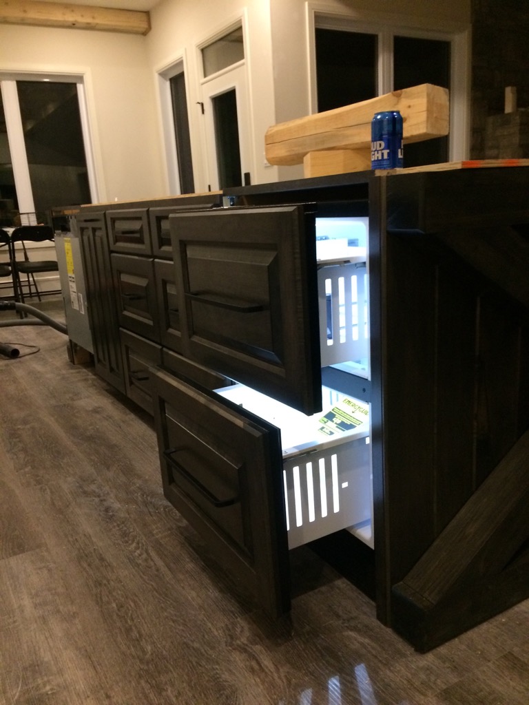under cabinet island fridge with maple drawer fronts