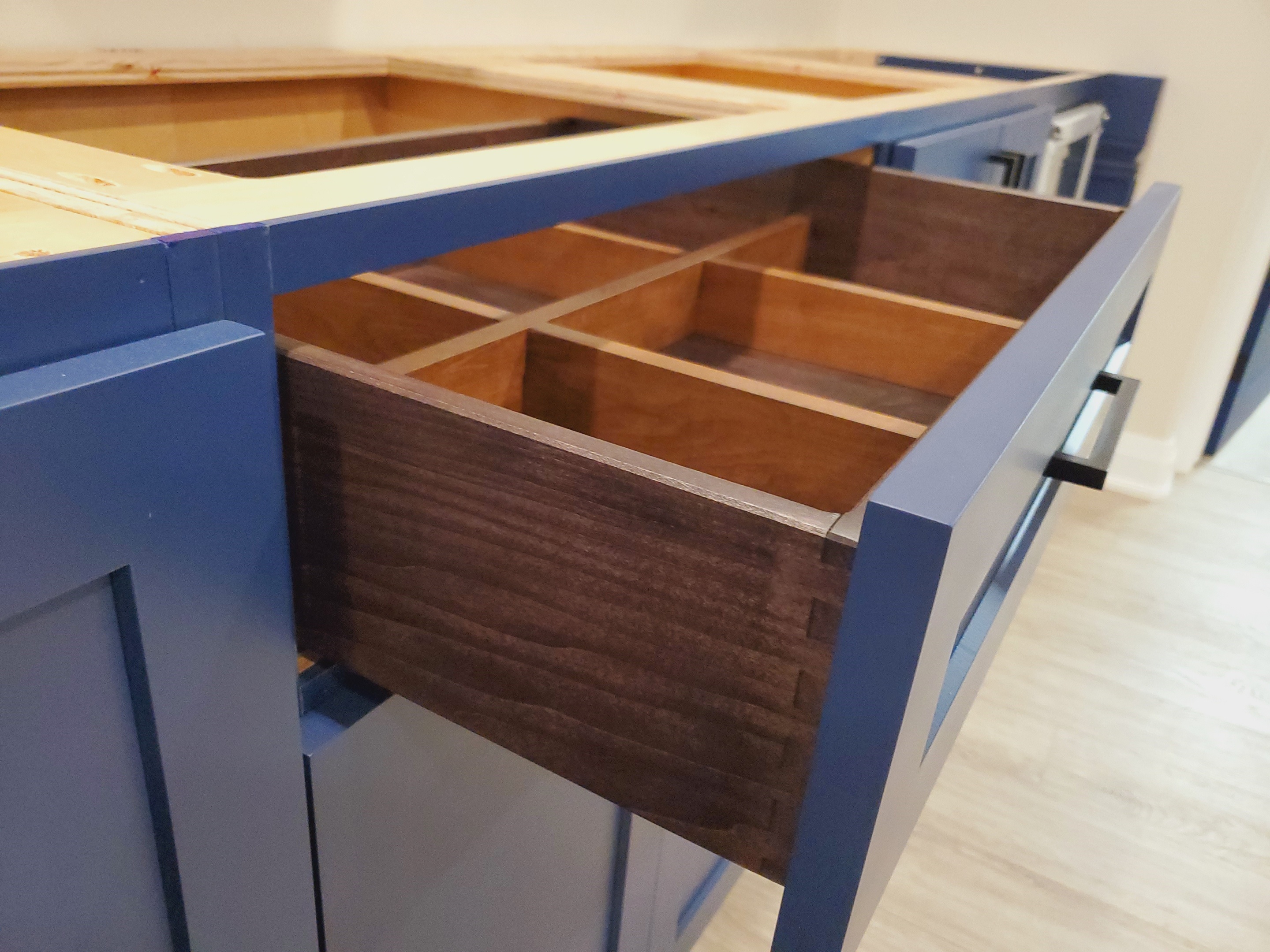 blue maple painted bar cabinets with walnut dovetail drwares